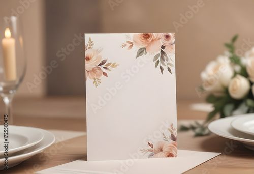 Elegant wedding invitation mockup with floral decoration, blank card template with roses and leaves, luxury stationery design for romantic celebration, love and anniversary