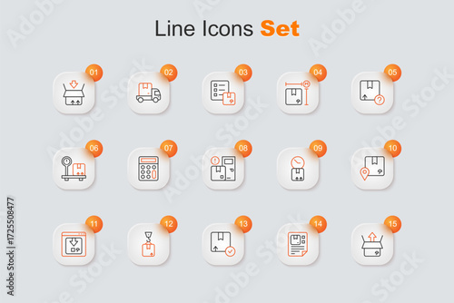 Set line Unboxing, Waybill, Carton cardboard, Crane with, Online app delivery tracking, Location, Cardboard clock and Home services icon. Vector