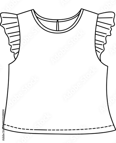 Sleeveless top fashion sketch, technical garment illustration, ruffled shoulder design, round neckline detail, sewing pattern, apparel template, clothing concept,
