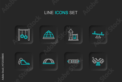 Set line Swing car, Education logic game, Monkey bar, Slide playground, Seesaw, for kids, Playground climbing equipment and Gymnastic rings icon. Vector