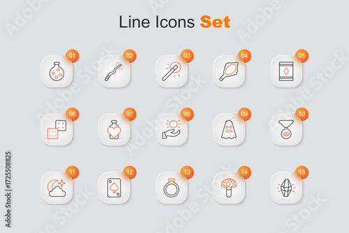Set line Magic stone, Psilocybin mushroom, ring, Playing cards, Moon and stars, Medallion chain with eye, Ghost and Ball levitating above hand icon. Vector