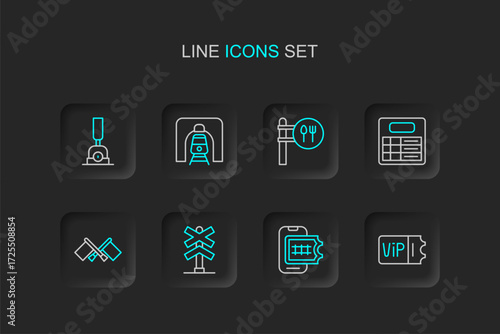 Set line Train ticket, Online booking, Railroad crossing, Flag, station board, Cafe and restaurant location, railway tunnel and Arrow for switching the icon. Vector