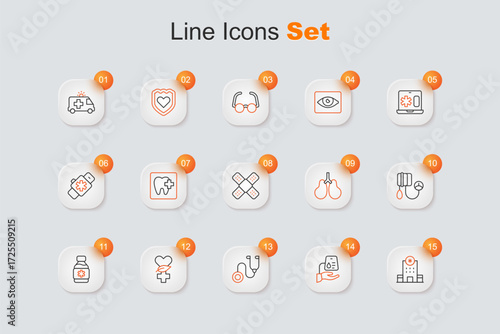 Set line Hospital building, Blood donation, Stethoscope, Ethnoscience, Bottle of medicine syrup, pressure, Lungs and Crossed bandage plaster icon. Vector