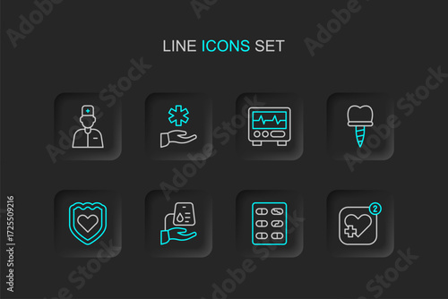 Set line Mobile with heart rate, Pills in blister pack, Blood donation, Immune system, Dental implant, Monitor cardiogram, Cross hospital medical and Male doctor icon. Vector