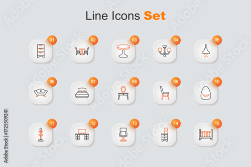Set line Baby crib cradle bed, Furniture nightstand with lamp, Office chair, desk, Coat, Pouf, Chair and Dressing table icon. Vector