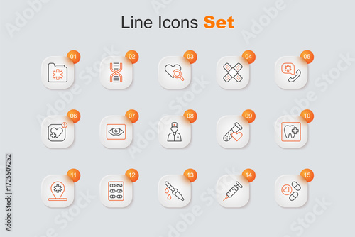 Set line Medicine pill or tablet, Syringe, Pipette, Pills blister pack, Location hospital, Dental clinic location, Test tube with blood and Male doctor icon. Vector