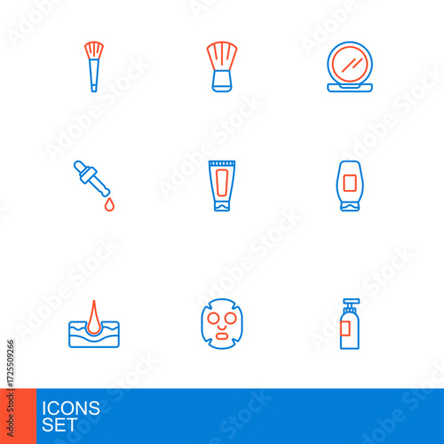 Set line Bottle of shampoo, Facial cosmetic mask, Human hair follicle, Pipette with oil, Cream or lotion tube, Makeup powder mirror and brush icon. Vector