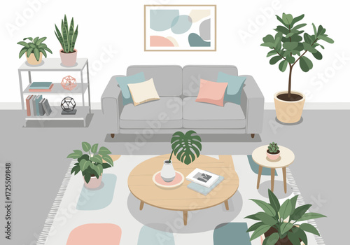 Elegant living room interior design with plants and modern furniture