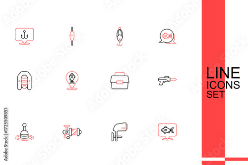 Set line Location fishing, Outboard boat motor, Spinning reel for, Fishing float water, hook, Case box, and Inflatable with icon. Vector