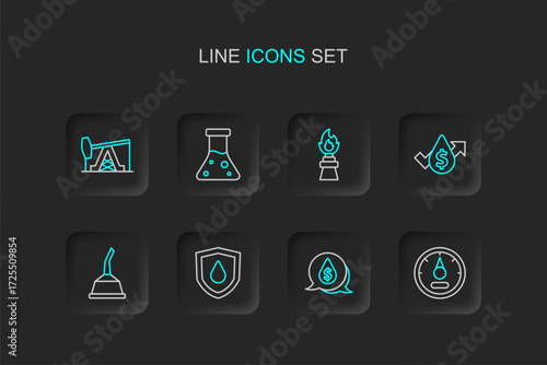 Set line Motor gas gauge, Oil drop with dollar symbol, on shield, Canister for motor machine oil, price increase, rig fire, petrol test tube and pump pump jack icon. Vector