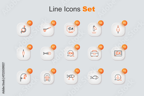 Set line Fishing hook, lure, Inflatable boat with motor, rod and fish, finder echo sounder, and icon. Vector