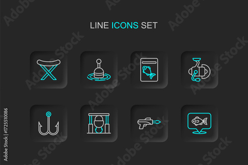 Set line Location fishing, Fishing hook, Campfire and pot, Spinning reel for, Served plate, float water and harpoon icon. Vector
