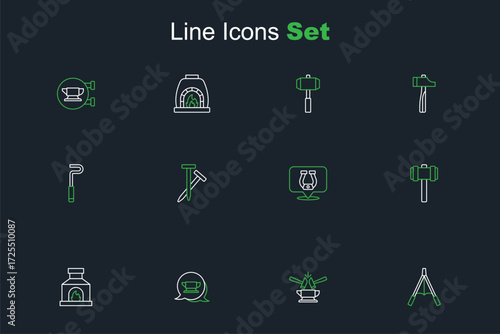 Set line Air blower bellows, Anvil and hammer, Blacksmith anvil tool, oven, Sledgehammer, Horseshoe, Metallic nails and Fire poker icon. Vector