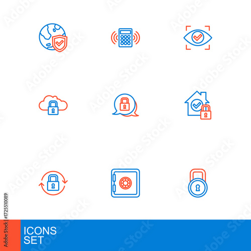 Set line Lock, Safe, House under protection, Cloud computing lock, Eye scan and Security keypad access panel icon. Vector