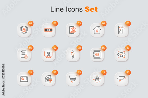 Set line Security camera, Lock, Fire sprinkler system, House under protection, Safe, Eye scan, and Key icon. Vector