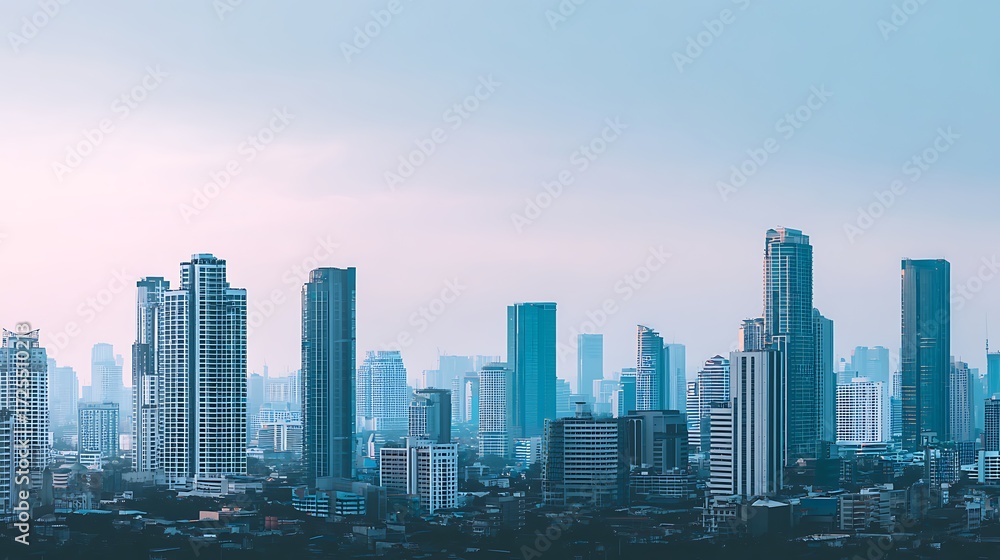 Obraz premium A vibrant cityscape at dusk, showcasing modern skyscrapers and urban architecture.