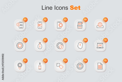 Set line Lottery ticket, Casino chips, Game dice, Bottle of wine, Online poker table game, Lucky player and icon. Vector