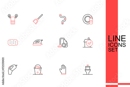 Set line Toilet bowl, Rubber gloves, Bucket with foam and bubbles, Portable vacuum cleaner, Home cleaning service, Vacuum, Electric iron and Sponge icon. Vector
