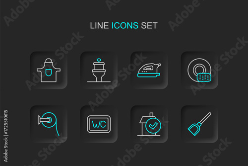 Set line Dustpan, Home cleaning service, Toilet, paper roll, Washing dishes, Electric iron, bowl and Kitchen apron icon. Vector