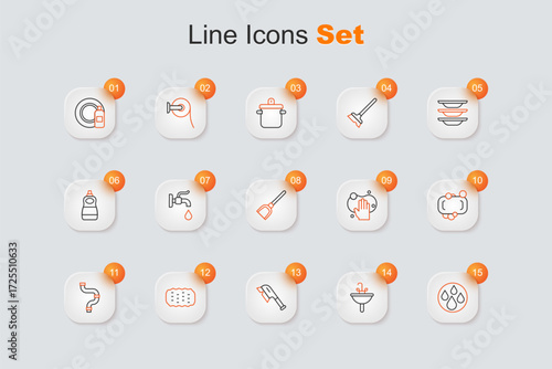 Set line Water drop, Washbasin, Brush for cleaning, Sponge, Industry metallic pipe, Bar of soap, and Dustpan icon. Vector