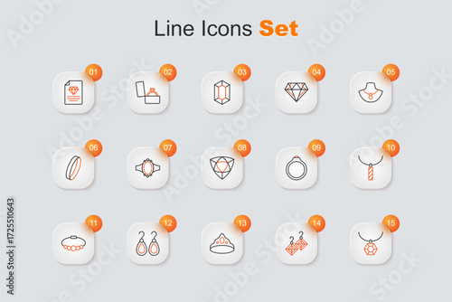 Set line Pendant on necklace, Earrings, King crown, Bracelet jewelry, Diamond engagement and icon. Vector