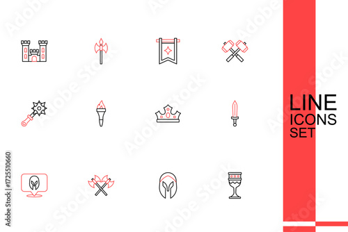 Set line Medieval goblet, helmet, Crossed medieval axes, sword, King crown, Torch flame and Mace with spikes icon. Vector