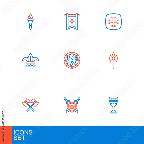 Set line Medieval goblet, Shield with swords, Crossed medieval axes, Fleur de lys lily flower, Round wooden shield, Crusade and flag icon. Vector