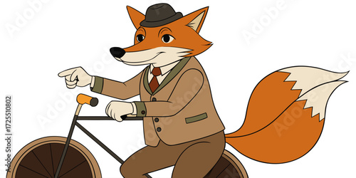 An anthropomorphic fox dressed in a vintage-style suit, riding a classic bicycle while smoking a pipe. The fox has a confident, relaxed expression. The illustration is in two styles side by side one i