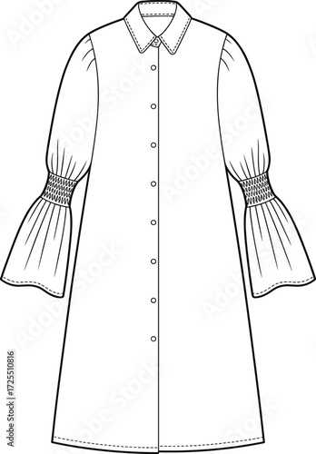 Women's A-line dress sketch, technical fashion illustration, long sleeve design, shirred elbow detail, sewing pattern, garment template, apparel concept