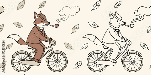 An anthropomorphic fox dressed in a vintage-style suit, riding a classic bicycle while smoking a pipe. The fox has a confident, relaxed expression. The illustration is in two styles side by side one i