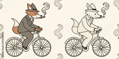 An anthropomorphic fox dressed in a vintage-style suit, riding a classic bicycle while smoking a pipe. The fox has a confident, relaxed expression. The illustration is in two styles side by side one i