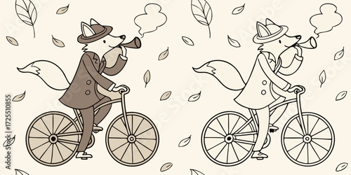 An anthropomorphic fox dressed in a vintage-style suit, riding a classic bicycle while smoking a pipe. The fox has a confident, relaxed expression. The illustration is in two styles side by side one i