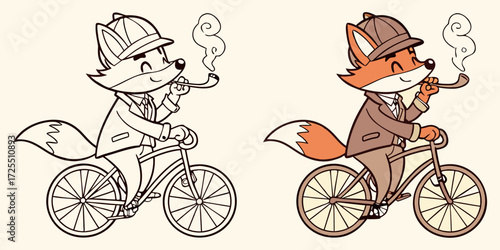 An anthropomorphic fox dressed in a vintage-style suit, riding a classic bicycle while smoking a pipe. The fox has a confident, relaxed expression. The illustration is in two styles side by side one i