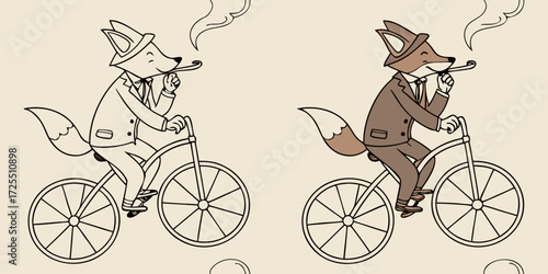 An anthropomorphic fox dressed in a vintage-style suit, riding a classic bicycle while smoking a pipe. The fox has a confident, relaxed expression. The illustration is in two styles side by side one i