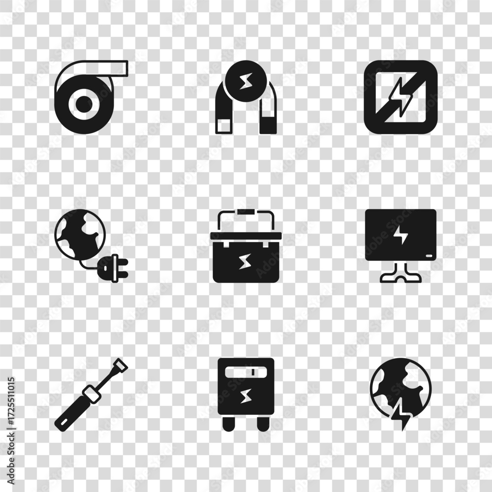 Fototapeta premium Set Electric meter, Smart Tv, Global planet with thunderbolt, Toolbox electrician, No lightning, Roll adhesive tape, Magnet and energy plug icon. Vector