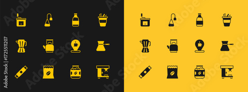 Set Coffee cup to go, Bag coffee beans, Location with, jar bottle, Kettle handle, Milk, Manual grinder and Tea bag icon. Vector