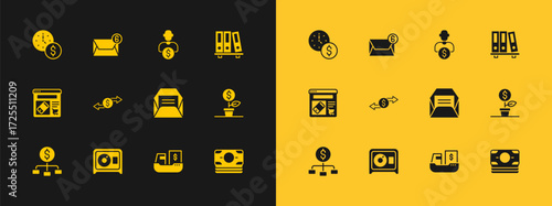 Set Office folders, Safe, Envelope, Cargo ship with boxes delivery, Money exchange, Business investor, Time is money and Mail and e-mail icon. Vector