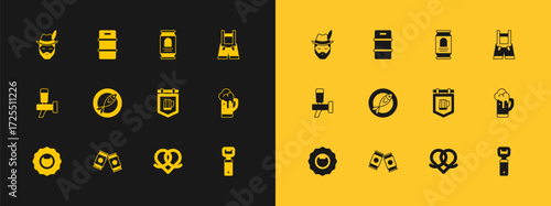 Set Lederhosen, Beer can, Street signboard with beer, Pretzel, Dried fish, Oktoberfest man and Metal keg icon. Vector