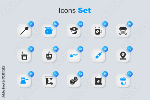 Set Bag of coffee beans, Espresso tonic, Coffee pot, turk, Iced, Location with, Teaspoon and filter holder icon. Vector