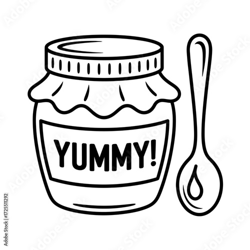 Yummy jam jar with spoon isolated on white background in doodle style
