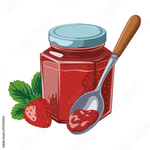 Strawberry jam in a jar with spoon and strawberry isolated on white background