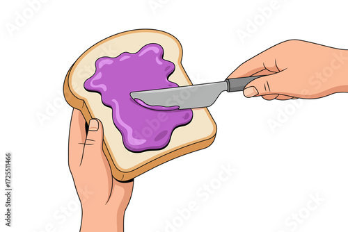 Hand spreading purple jam on a slice of bread isolated on white background