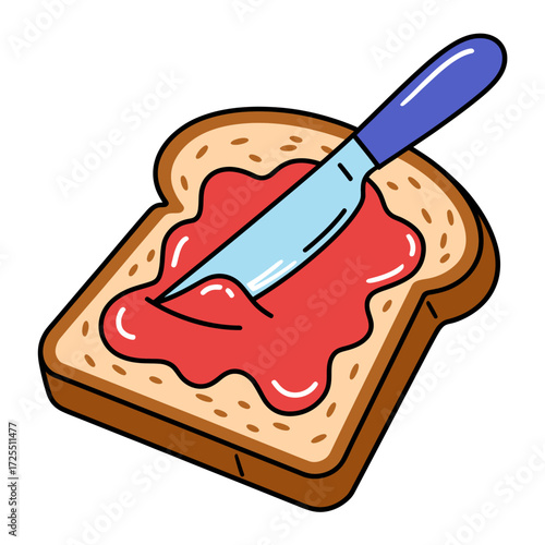 Spreading strawberry jam on toast with a knife isolated on white background