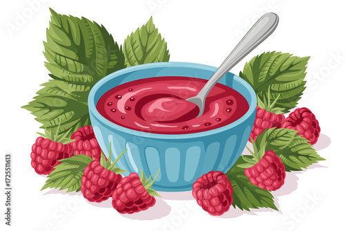 Bowl of raspberry jam with fresh raspberries isolated on white background