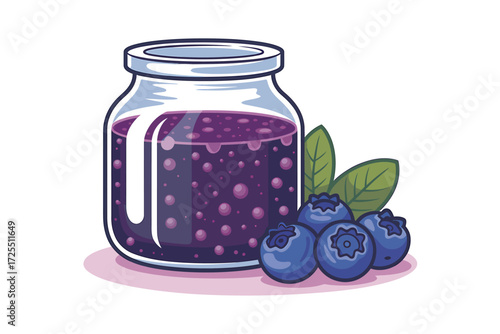 Jar of blueberry jam with fresh blueberries isolated on white background