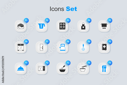 Set Asian noodles in bowl, Refrigerator, Measuring cup, Covered with tray of food, Crossed knife and fork, Cookbook, Cooking pot and Kettle handle icon. Vector