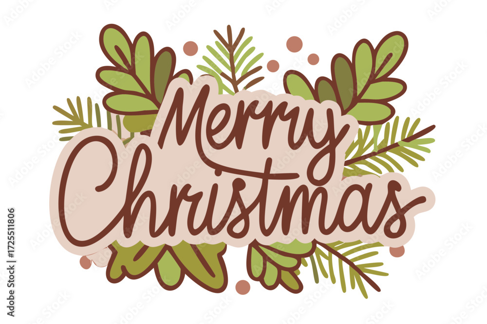 Obraz premium Merry Christmas text with festive foliage and berries on white background holiday greeting