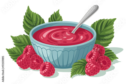 Raspberry jam in bowl isolated on white background, spoon and leaves
