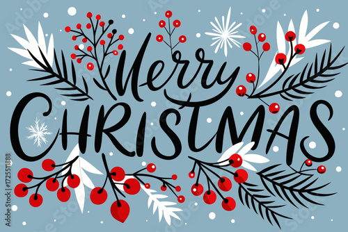 Merry Christmas text with red berries white leaves and snowflakes on blue background greeting card holiday