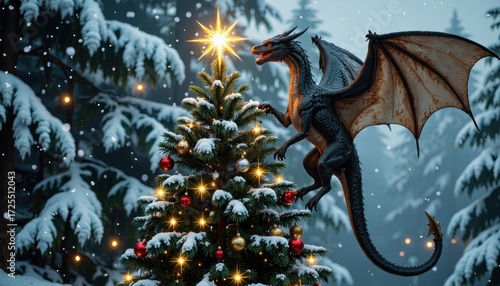 Majestic dragon perched on snowy christmas tree amidst enchanted winter forest